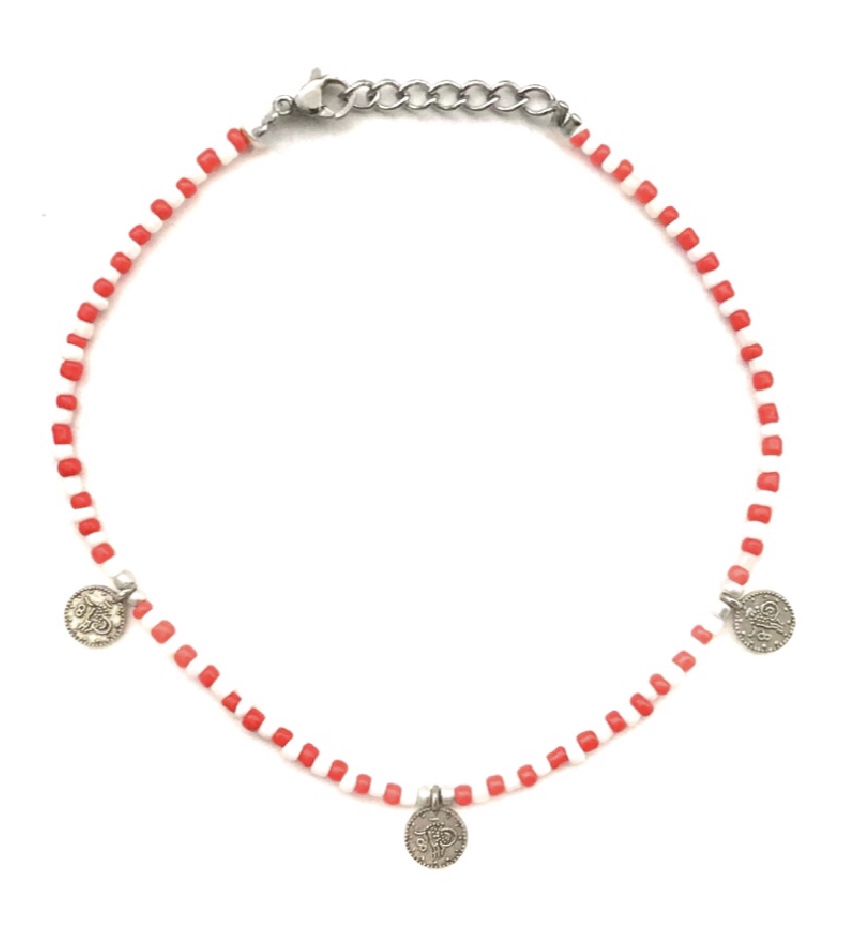 055 - red-white coins anklet silver €4,95