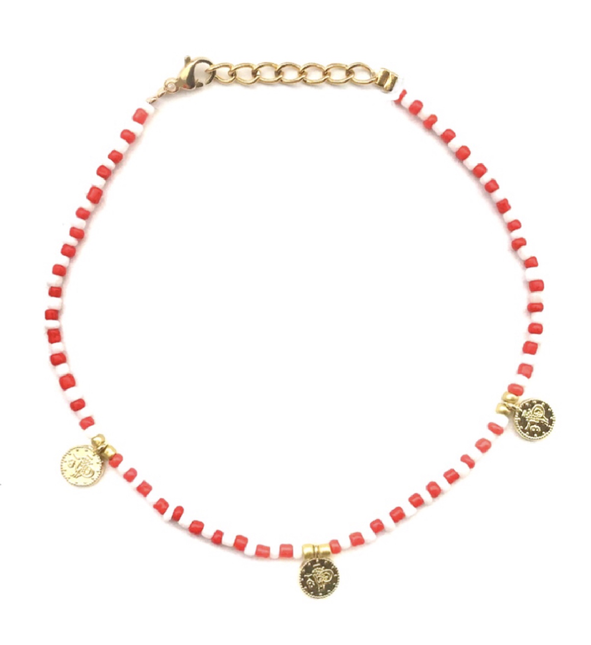 054 - red-white coins anklet gold €4,95